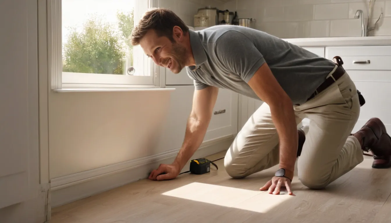 Homeowner checking a kitchen baseboard for pests in a home near Irving